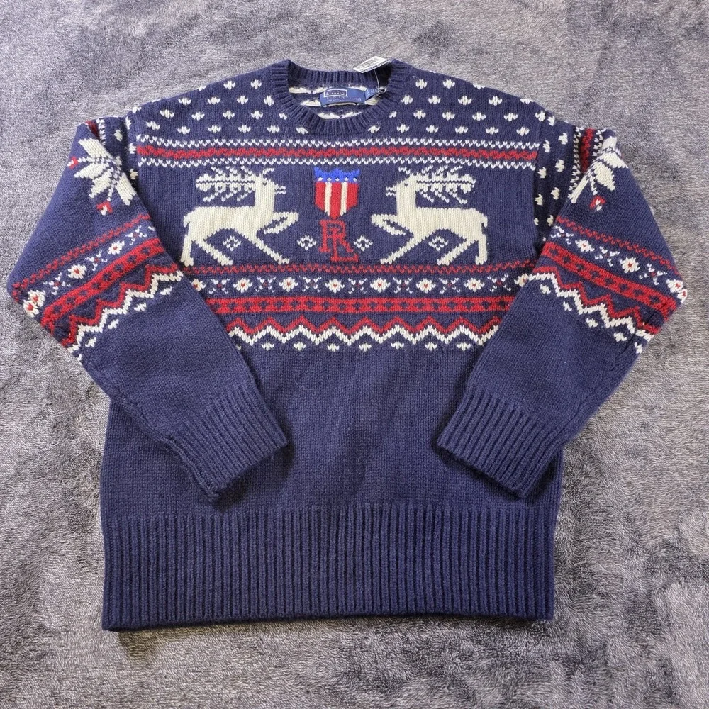 Polo Ralph Lauren Wool Reindeer Fair Isle Sweater Mens S Blue Patriotic Shield